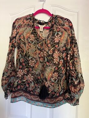 Sundance Black Sheer Silk Paisley Floral Blouse